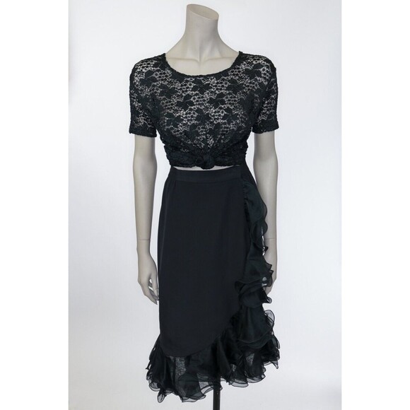 Vintage Dresses & Skirts - Vintage 1990s 90s Black Silk Ruffled True Wrap Skirt M Goth Gothic Minimalist